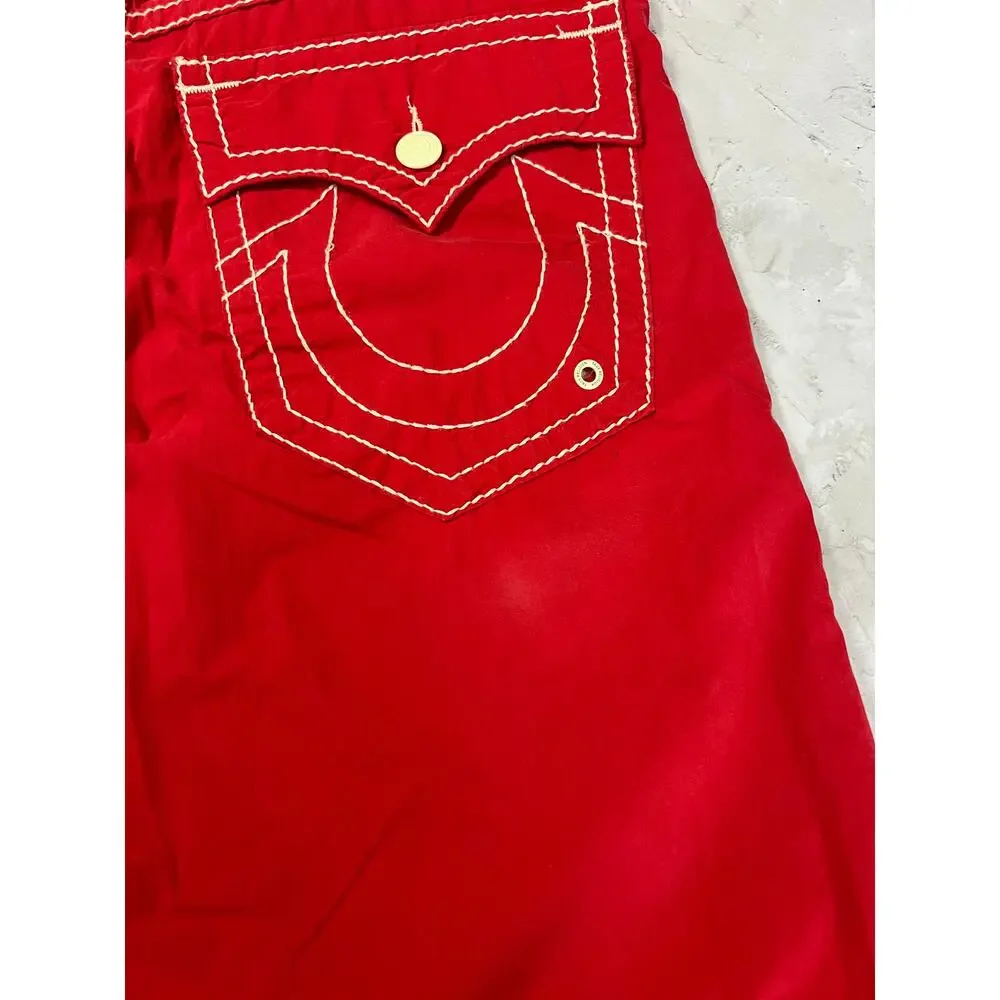 True Religion Big T Boardshort SIZE 33 Red White Stitch Cotton Swim Shorts EUC